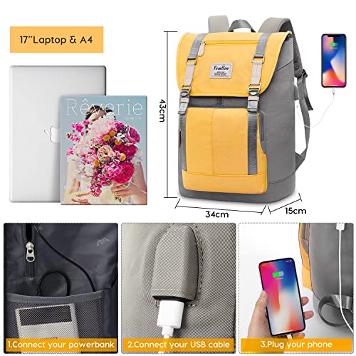 YAMTION 17" Laptop Backpack for Girls & Boys Teens, College Bookbag High School Backpack with USB Charging Port for Women & Men - color: Yellowgrey