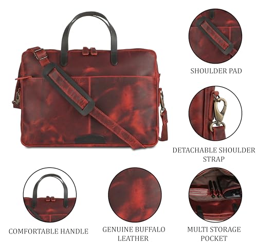 KomalC Leather Laptop Sleeve 15.5" with Trolley Strap, Fits up to 16" Laptop, Slim Office Bag with Shoulder Strap - color: Red