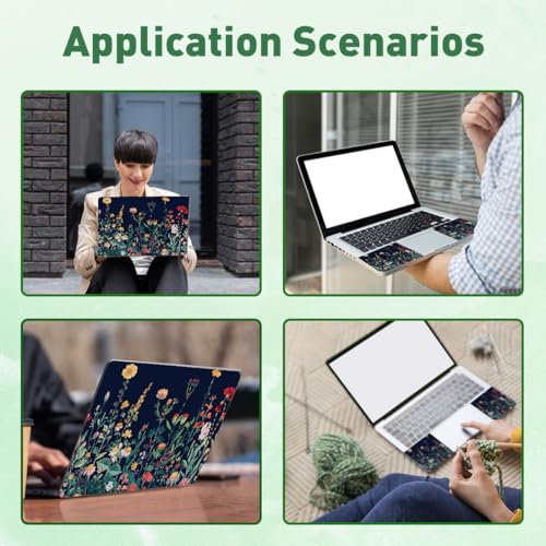 PLIGREAT 3 Pcs Laptop Skin Stickers Vinyl Decals for PC Notebook Keyboard Cover Laptops Case Protector Films Decorative Laptops Sticker Waterproof Removable Green Plants Flowers Laptop Decals