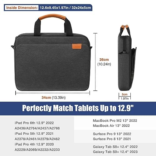 MoKo 13 Inch Tablet Sleeve Case with Multi-Pockets & Shoulder Strap | Fits iPad Pro 13-inch M5, iPad Air 13-inch M4, iPad Pro 12.9 M2/M1, Surface Laptop Go 12.4 and Tab S8+/S9+ 12.4, Black&Gray - color: Black & Gray, size: 12.9 Inch