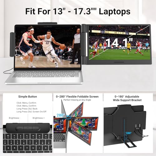Laptop Screen Extender 14.1" 1080P, Dual Screen Monitor for Laptop 13-17.3" | Plug & Play FHD IPS Portable Monitor Extender with USB-C/HDMI,Travel Monitor for Work, Home Office Mac/Windows/Chrome/Android