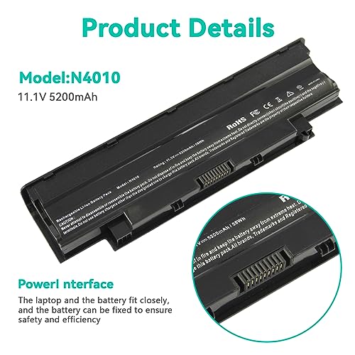 J1KND 11.1V 58Wh Laptop Battery for Dell Vostro 3550 3450 1440 3750 Inspiron N7010 N7110 N5010 N5110 N5030 N5040 N5050 3520 N4010 N4110 N4050 M5010 3420 M5030 M5040 M5110 M4110 JlKND TKV2V 4T7JN WT2P4 - size: 7.28*3.12*0.94inch N4010