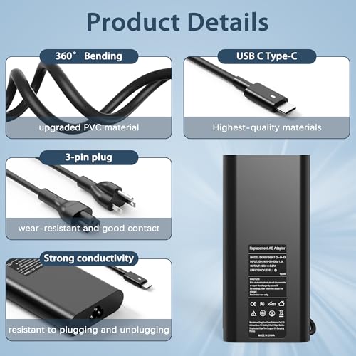 130W USB C Laptop Charger Compatible with Dell XPS 15 9575 9510 9500, Precision 5530 5560 5750, Latitude 7410 5520 5420, Replacement for Dell 130W AC Adapter - color: BLACK_D