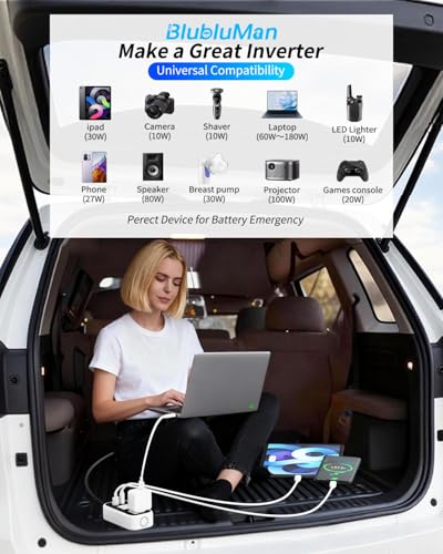 200W Car Power Inverter, Blubluman DC 12V to 110V AC Car Plug Adapter Outlet with 30W PD Charger, QC3.0 Fast Charger 24W, Power Inverter for Vehicles, Outlet for Laptop Computer Charger