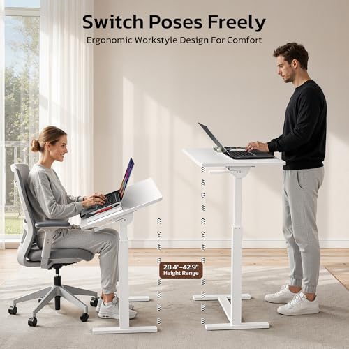 Mobile Standing Desk Adjustable Overbed Table, Pneumatic Height Adjustable Rolling Laptop Desk with Hidden Wheels, 0-180°Tilt Top Rolling Computer Cart Foldable for Home Office, Craft & Study, White