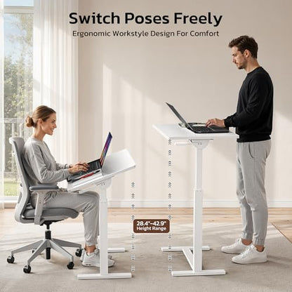 Mobile Standing Desk Adjustable Overbed Table, Pneumatic Height Adjustable Rolling Laptop Desk with Hidden Wheels, 0-180°Tilt Top Rolling Computer Cart Foldable for Home Office, Craft & Study, White