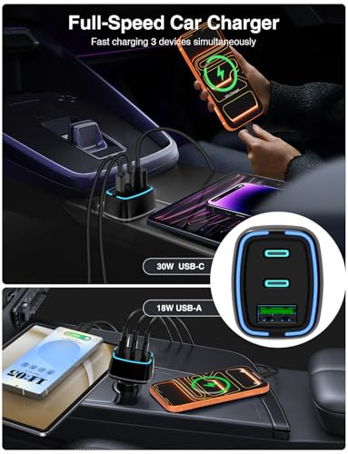 75W USB C Car Charger, 3-Port Super Fast Charging Cigarette Lighte | PD/QC 3.0 Car Cigarette Lighter Adapter for iPhone17/16/15 Pro Max & Samsung Galaxy S26/S25, with 4Pack 3/6.6FT Type-C Cables