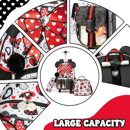 Meetbelify Backpack with Wheels for Girls Rolling Backpack Cute Carry on Backpack Kids Luggage with Lunch Box Pencil Case for Elementary Student - color: Bowknot Red