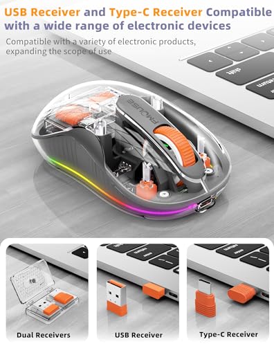 Bluetooth Wireless Mouse, Transparent RGB Tri-Modes Mouse,Bluetooth & 2.4GHz for Multi Device, USB-C Receiver Ideal for MacBook/Laptops, Rechargeable, Silent, Portable, Cool LED, Ergonomic - Grey - color: Grey
