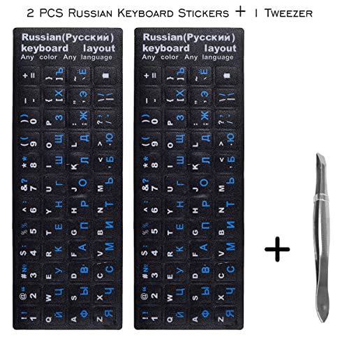 2PCS Russian Keyboard Stickers, Cyrillic Keyboard Letter Stickers Black Background with Blue/White Lettering, Keyboard Letters Sticker for Notebook Laptop Desktop Computer Keyboards - color: Russian-black/Blue