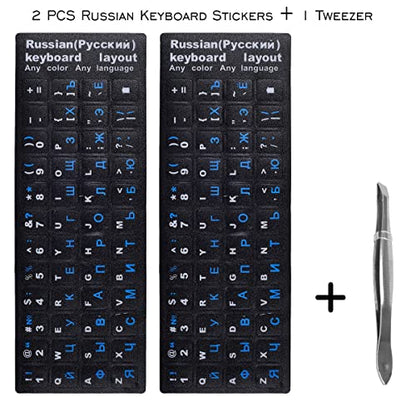 2PCS Russian Keyboard Stickers, Cyrillic Keyboard Letter Stickers Black Background with Blue/White Lettering, Keyboard Letters Sticker for Notebook Laptop Desktop Computer Keyboards - color: Russian-black/Blue
