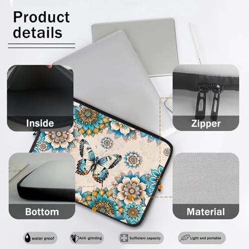 Bohemia Butterfly Flower Laptop Sleeve, Portable Computer Tablet Carrying Case Laptop Cover Briefcase Fits Up to 17 Inch Tablet/Notebook, Travel/Business/School Zipper Laptop Bag - color: Bohemia Butterfly Flower, size: 10 Inch