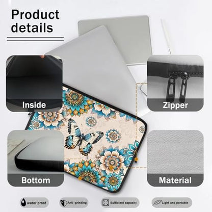 Bohemia Butterfly Flower Laptop Sleeve, Portable Computer Tablet Carrying Case Laptop Cover Briefcase Fits Up to 17 Inch Tablet/Notebook, Travel/Business/School Zipper Laptop Bag - color: Bohemia Butterfly Flower, size: 10 Inch