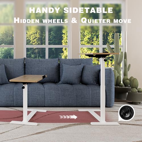 Adjustable Overbed Bedside Table with Wheels Pneumatic Mobile Standing Laptop Desk Rolling Computer Cart Movable Couch Desk Hospital Bed Table, Natural Wood
