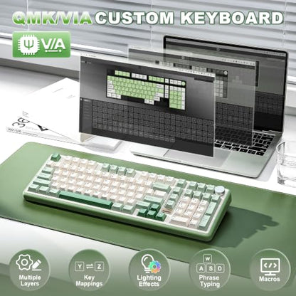YUNZII B98 PRO QMK/VIA Wireless Mechanical Gaming Keyboard,96% Layout with Numpad and Cute Cat Knob, BT/2.4G/USB-C,Linear Switch Hot Swap Gasket,RGB for Win/Mac (Matcha Green, Candy Linear Switch) - color: Matcha Green, size: Candy Linear Switch