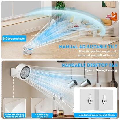 Small Desk Fan 5000mAh Rechargeable Battery Powered -Retro Low Noise Quiet Portable with LED Night Light Office Bedroom Table Top Wall Hanging Kitchen Camping Dorm 5-Speed 360° Rotation - color: White