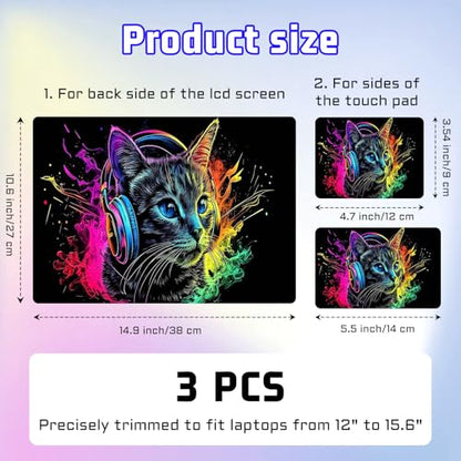 Universal Laptop Skin Sticker Decal, Compatible with MacBook HP Dell Lenovo 12"-15.6", Reusable Vinyl Notebook Cover 3PCS Set, High-Recognition Film-Colorful Cat with Headphone - color: Colorful Cat with Headphone