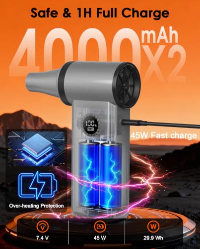 Compressed Air Duster, 180000 RPM Turbo Dust Blower, 45W Charge | SuperPower Mini Cordless Electric Air Duster, 8000mAh, 4 Adjustable Speeds, Keyboard/PC/Car Cleaner, Replace air can - color: Silver Gray