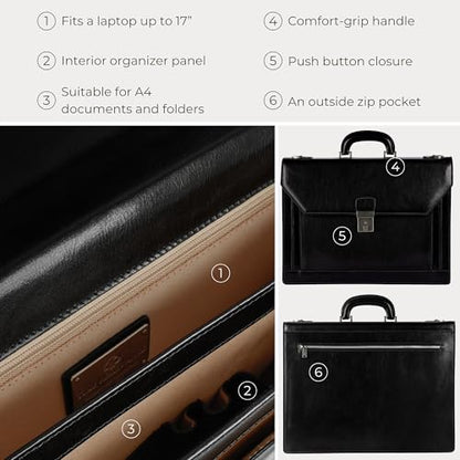 Time Resistance Leather Briefcase - Italian Handmade Laptop Bag - Work Bag for Men and Women - Attache - Computer Bag - color: Black