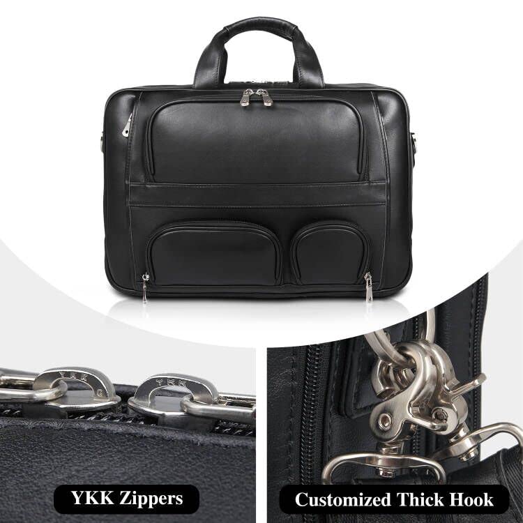 Top Cowhide Leather briefcase for men,17.3 Inch Messenger Bag Laptop Briefcase with YKK Metal Zippers Fit Business Trip - color: Black(updated Version)