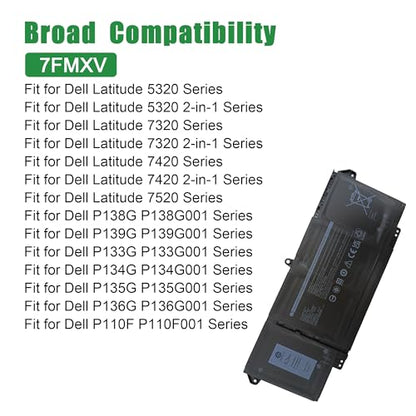 7FMXV CPX-1PP63 63Wh Laptop Battery Replacement for Dell Latitude 5320 7320 7420 7520 P138G P138G001 P139G P139G001 P133G P134G P135G P136G P110F Series 0TN2GY TN2GY 04M1JN 4M1JN 1PP63 15.2V - size: 12.1*5.1*1.0inch 7FMXV