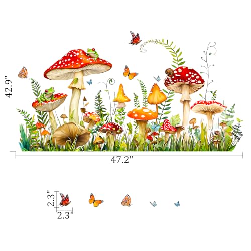 Mushroom Wall Decals Peel and Stick, Frog Butterflies Grass Vinyl Wall Stickers, Removable Home Decor Art for Bedroom Living Room Classroom Office - style: Mushroom#1