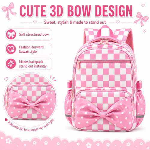 WOBAGMEN Printed Backpack for Adult Women with Bow| Water-Resistant Printed school bag, Spacious Storage for Elementary and Middle School Students（Pink Gingham） - color: Pink Gingham
