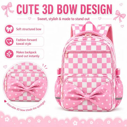 WOBAGMEN Printed Backpack for Adult Women with Bow| Water-Resistant Printed school bag, Spacious Storage for Elementary and Middle School Students（Pink Gingham） - color: Pink Gingham