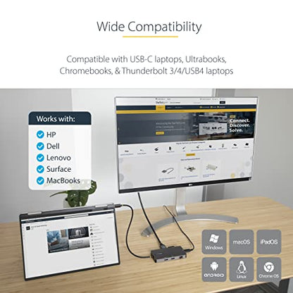 StarTech 8-in-1 USB-C Mini Dock, Dual 4K 60Hz HDMI, 5Gbps, GbE, SD, 100W | Dual HDMI via MST, DisplayPort 1.4 with DSC, HDR10, Ultrawide 21:9, 12in/30cm cable, Automatic driver setup, Ubuntu - style: Dual monitor