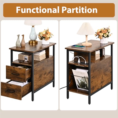 Side Tables with Charging Station, Narrow End Table with 2 Wooden Drawers, USB Ports and Power Outlets, Narrow Nightstand and Bedside Table, Side Tables Living Room, Bedroom, Brown - color: Brown