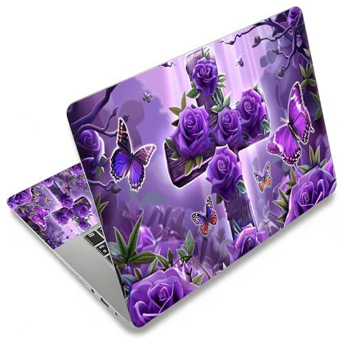 12.1”-15.6” Laptop Skin Sticker (Fits 13”, 13.3”, 14”, 15”, 15.4”) | Reusable Universal Protective Vinyl Art Decal Cover | Waterproof & Scratch-Resistant |Cross with Purple Rose Butterflies - color: Cross with Purple Rose Butterflies
