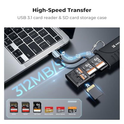 K&F CONCEPT 2-in-1 SD Card Reader Adapter, UHS-II/SD 4.0/Micro SD/USB 3.1 Type-C Dual Slots High-Speed Flash Card Case Compatible with Cameras, Drones, Action Cameras, Phones, Laptops