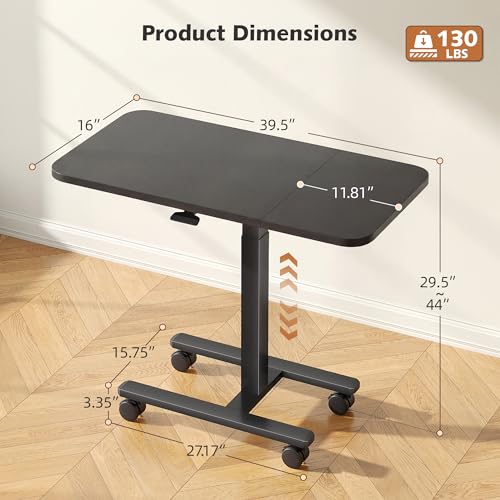 Homkdom C Shaped Table with Wheels, Side End Table with Extended Desktop, Adjustable Rolling Desk for Small Space, Dorm, Height Adjustment (29.5"-44"), Black - color: Black