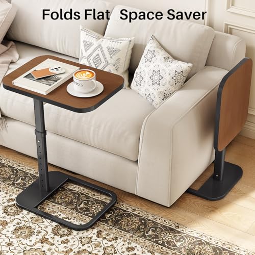 Kitstorack Upgraded TV Tray Table with Panel Lock, 90° Flip-Over Design & Adjustable Height, Sofa Arm Side Table for Eating, Laptop, Couch, Bed, or Small Spaces, Espresso - color: Espresso, style: Auto-locking