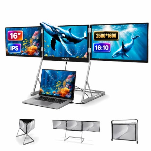 TriCreate 16 QHD 16" Triple Portable Monitor Extender for Laptop | 3×16" 2560×1600 IPS | 360° Rotation | USB-C & HDMI | Aluminum Alloy Foldable Stand | Eye Care | for 13-18.5" Mac & Windows - color: Gunmetal