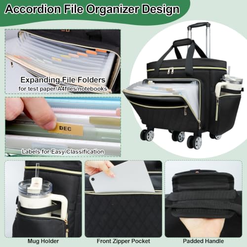 SIYNPAV 5-Wheeled Rolling Teacher Bag with Detachable Trolley, 15.6 Inch Laptop Sleeve & Accordion File Organizer, Large Capacity Teacher Tote with Cup Holder for School Office, Black