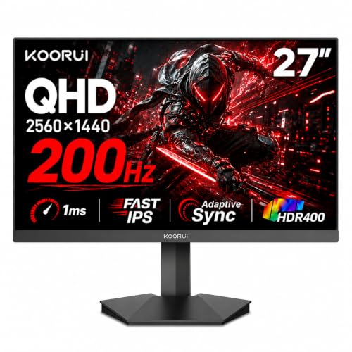 KOORUI 27 Inch 1440p Gaming Monitor, 200Hz Fast IPS, 1ms, HDR400 G2721P | Adaptive Sync, 95% DCI-P3, HDMI2.0/DP1.4, VESA Mount for PC, Console, Streaming and Dual-Screen Setups - size: 27"/WQHD/200Hz/IPS