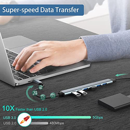 7 Port USB 3.0 Hub, Aluminium USB Splitter & Extender for Laptop, PC, iMac, USB Flash Drives, Mobile HDD, Printer, Camera & More