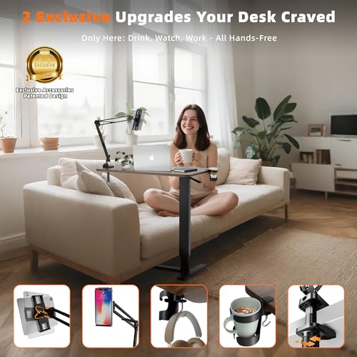 Overbed Table with Wheels, Adjustable Medical Bedside Table, Wood | Alloy steel frame, rubber wood top, cup holder & phone stand, hook, H-base, hydraulic 25.6-37.1", quiet casters, easy-clean - color: Wood Color