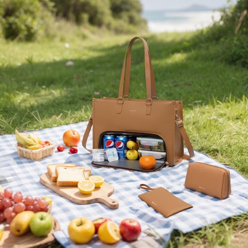 Keyli 3pcs Laptop Bag for Women 15.6 inch and Lunch Tote Bag for Women with Insulated Lunch Compartment Computer Briefcase - color: 1.0-brown