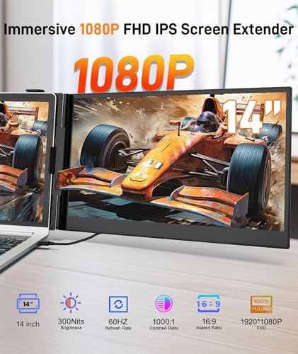 Laptop Screen Extender, Ultra-Thin 14" FHD 1080P Portable Monitor | IPS Display, Portable Monitor for 13"-17" Laptop, 1.3lbs Lightweight Dual Monitor, Plug & Play for Wins/Mac/Android/Chrome - color: Metallic Black