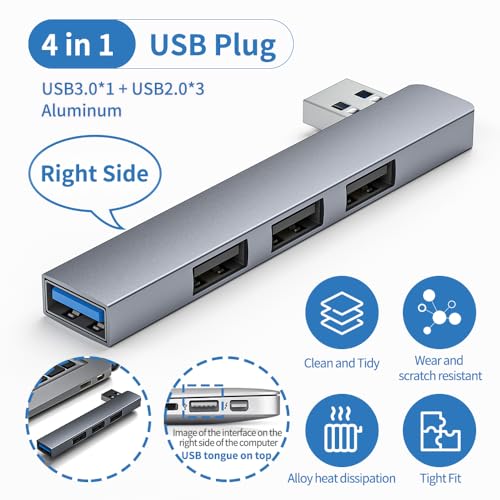 USB 3.0 Hub Aluminum USB Expander 4-Ports USB Extender/Splitter Data Hub for Laptop Space Grey (Right Side)