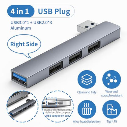USB 3.0 Hub Aluminum USB Expander 4-Ports USB Extender/Splitter Data Hub for Laptop Space Grey (Right Side)