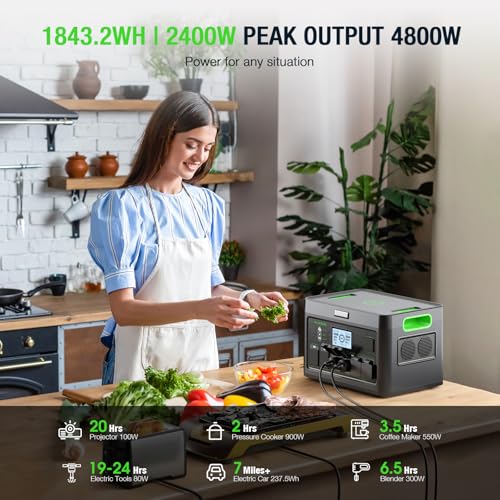 Portable Power Station 2400W Solar Generator for Home Use | 1843.2Wh UPS Home Battery Backup, LiFePO4 Battery Supply with 12 Outlets(2400W AC Outlets), 2Hrs Quick Charge, RV Camping - color: Silver