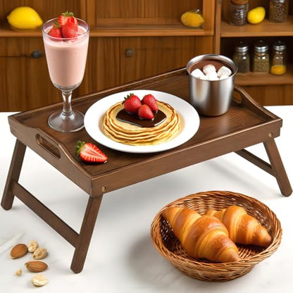Bamboo Breakfast Tray Table with Folding Legs for Bed Table Sofa - Eating & Laptop Tray Bamboo with Folding Legs (Walnut) - color: Walnut