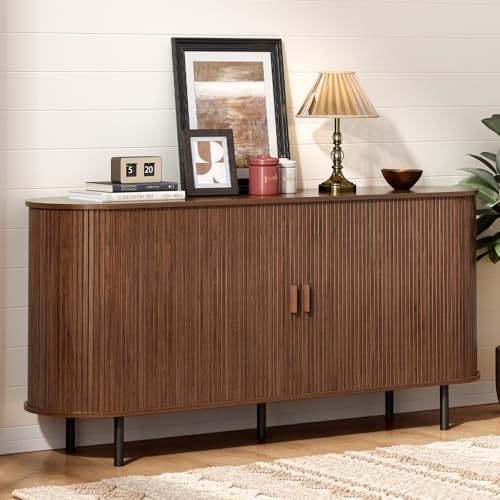 ONBRILL 63" Sideboard Buffet Cabinet with Storage, Storage Cabinet with Sliding Door & Adjustable Shelf, Modern Accent Coffee Bar Console Table for Kitchen, Entryway, Walnut - color: Walnut, size: 63"