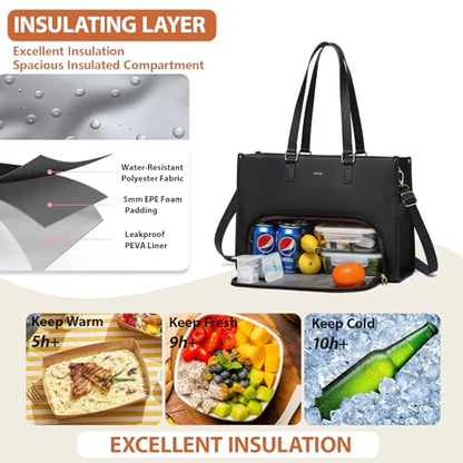 Keyli 3pcs Laptop Bag for Women 15.6 inch and Lunch Tote Bag for Women with Insulated Lunch Compartment Computer Briefcase - color: 1.0-black