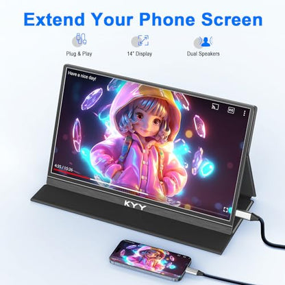 KYY Portable Laptop Monitor,14"1080P Travel Computer Screen with VESA Mount | 14"USB-C & HDMI Computer Gaming Screen with Smart Cover, Dual Speakers, for Mac PC Phone Xbox PS5 Switch, K5-3 - color: Black
