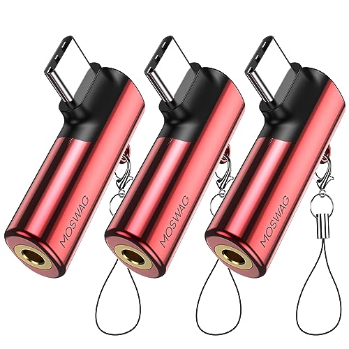 MOSWAG USB C to 3.5mm Jack Type C Headphone Adapter Right Angled Aux Mic Audio Dongle Hi-Res DAC Chip, Compatible with Samsung Galaxy S23 S22 S21 Ultra Note 20,Pixel 7/6,Pad Pro 6 - color: Red, size: 3 Pack