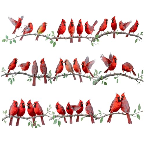 9Pcs Spring Funny Cardinal Birds Vinyl Decals on Branch Wall Easy Peel and Stick Watercolor Patterns Cute Red Birds Vinyl Wall Stickers for Women Students Girl Boys Party Room Decor - color: Red